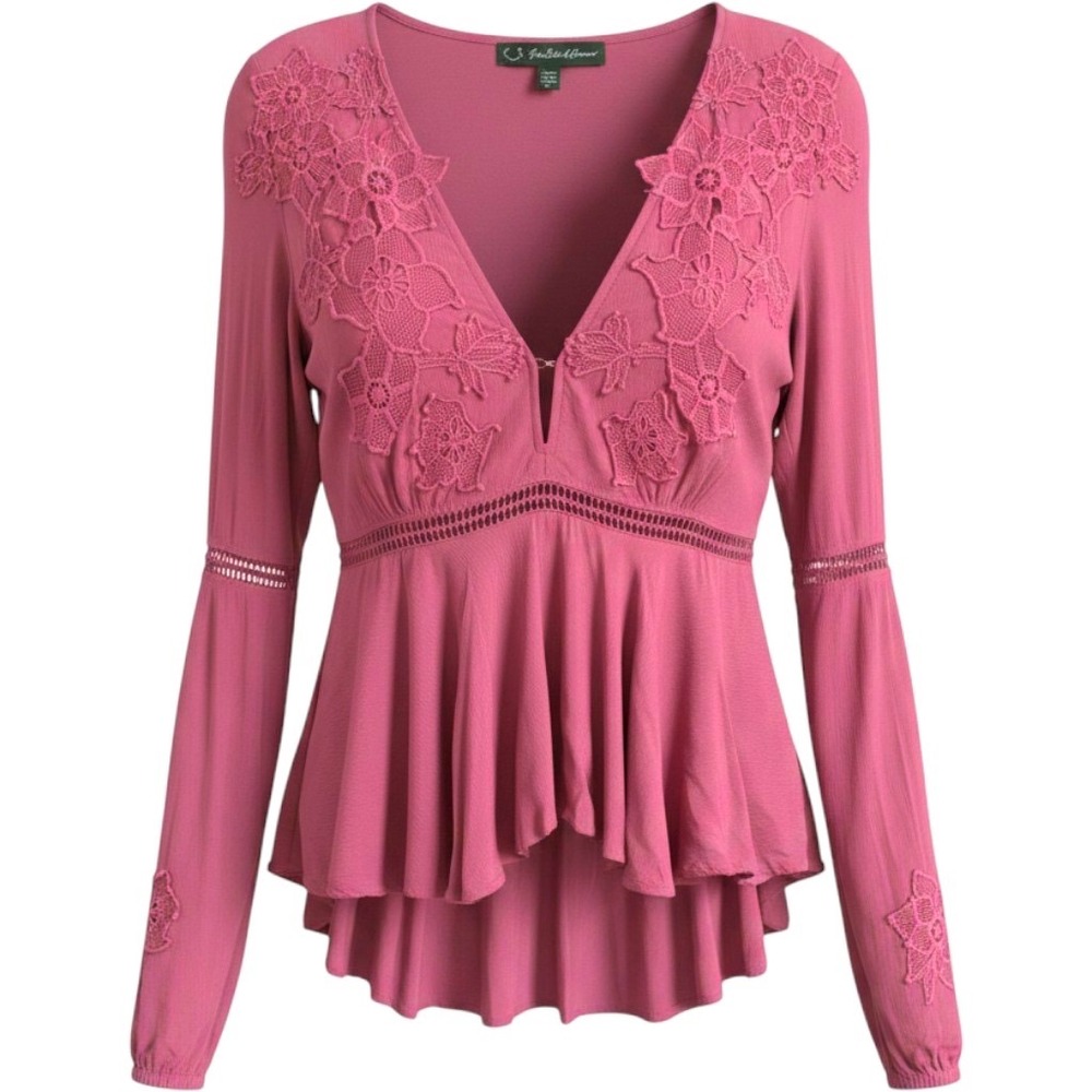 For Love & Lemons Luana Lace Peplum Blouse Burgundy Red V-Neck Long Sleeve Large
